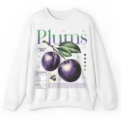 Puppy Printy Plums Knowledge Shirt, Retro Fruit Anatomy Plums Nutrition Facts Novelty Graphic Gift Unisex Sweatshirt