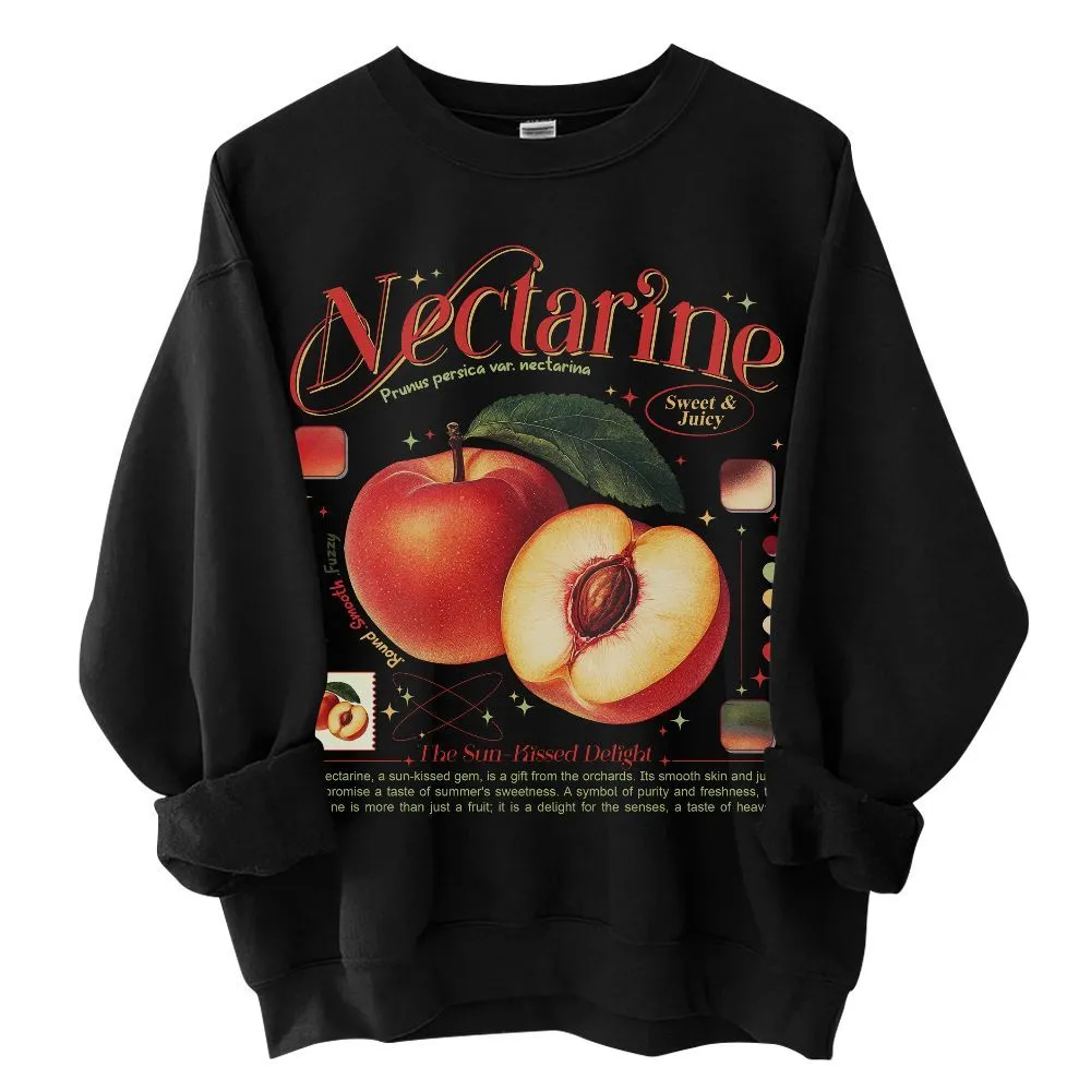 Puppy Printy Nectarine Knowledge Shirt, Retro Fruit Anatomy Nectarine Nutrition Facts Novelty Graphic Gift Unisex Sweatshirt