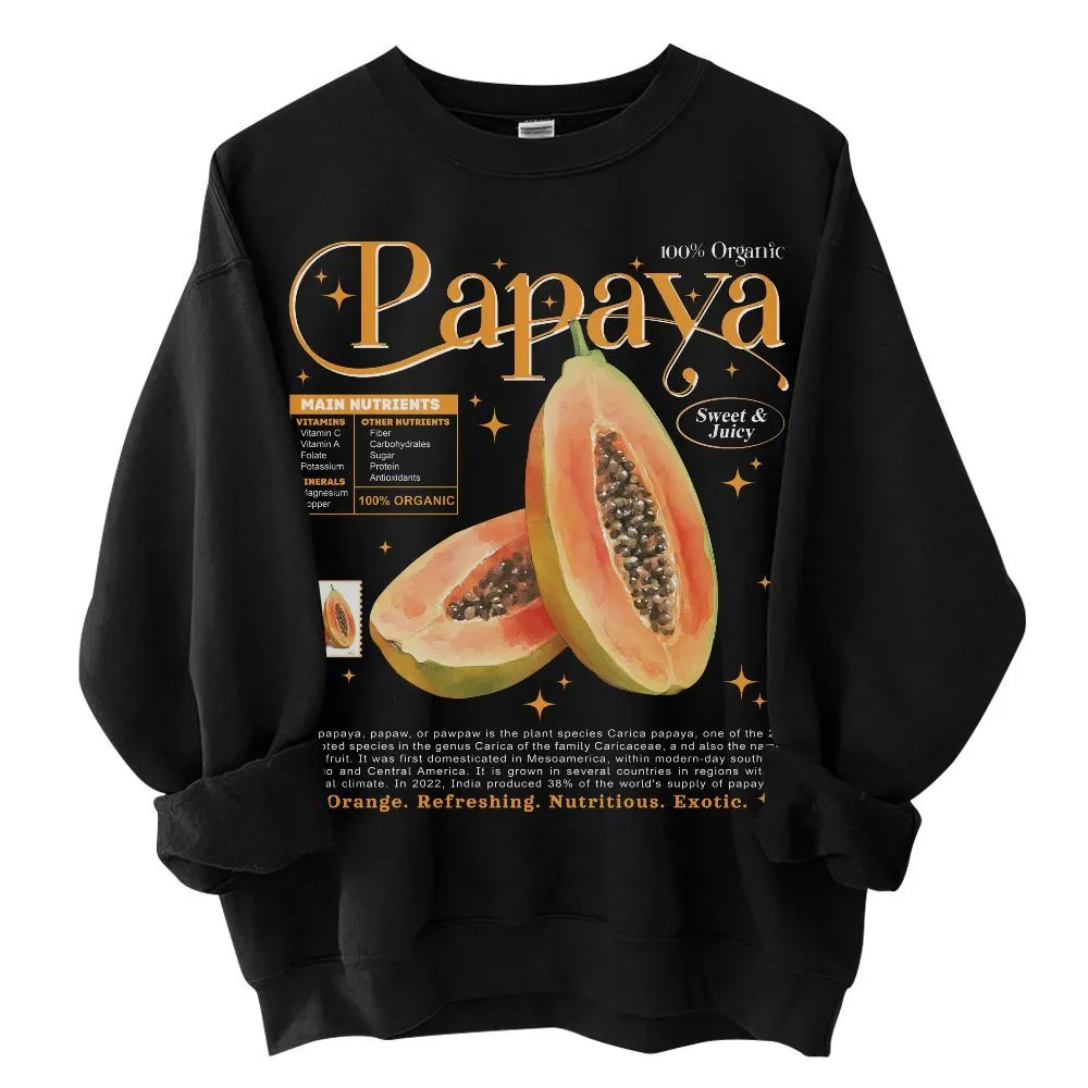 Puppy Printy Papaya Knowledge Shirt, Retro Fruit Anatomy Papaya Nutrition Facts Novelty Graphic Gift Unisex Sweatshirt