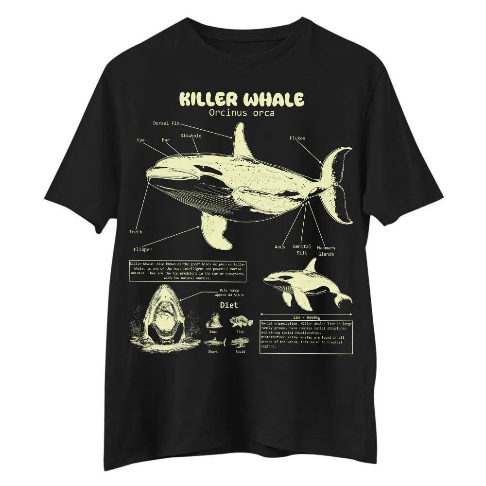 Puppy Printy Killer Whale Anatomy Shirt, Vintage Animal Knowledge Fish Killer Whale Biology Novelty Graphic Gift Unisex Shirt